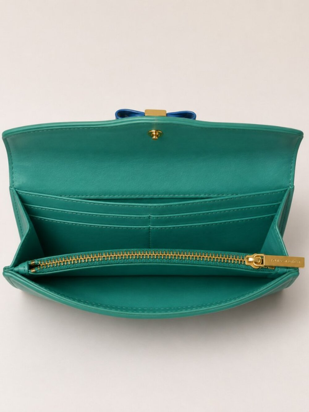 Tory Burch Green Leather Bow Continental Envelope Wallet Blue Enamel Bow - Picture 8 of 9